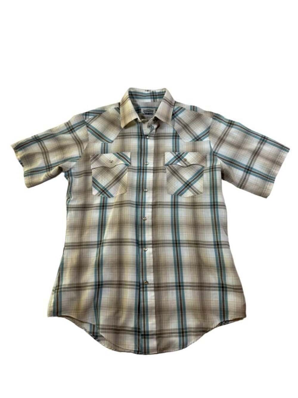Levi Strauss & Co. Men's Short Sleeve Western Pearl Snap Plaid Shirt Beige Blue